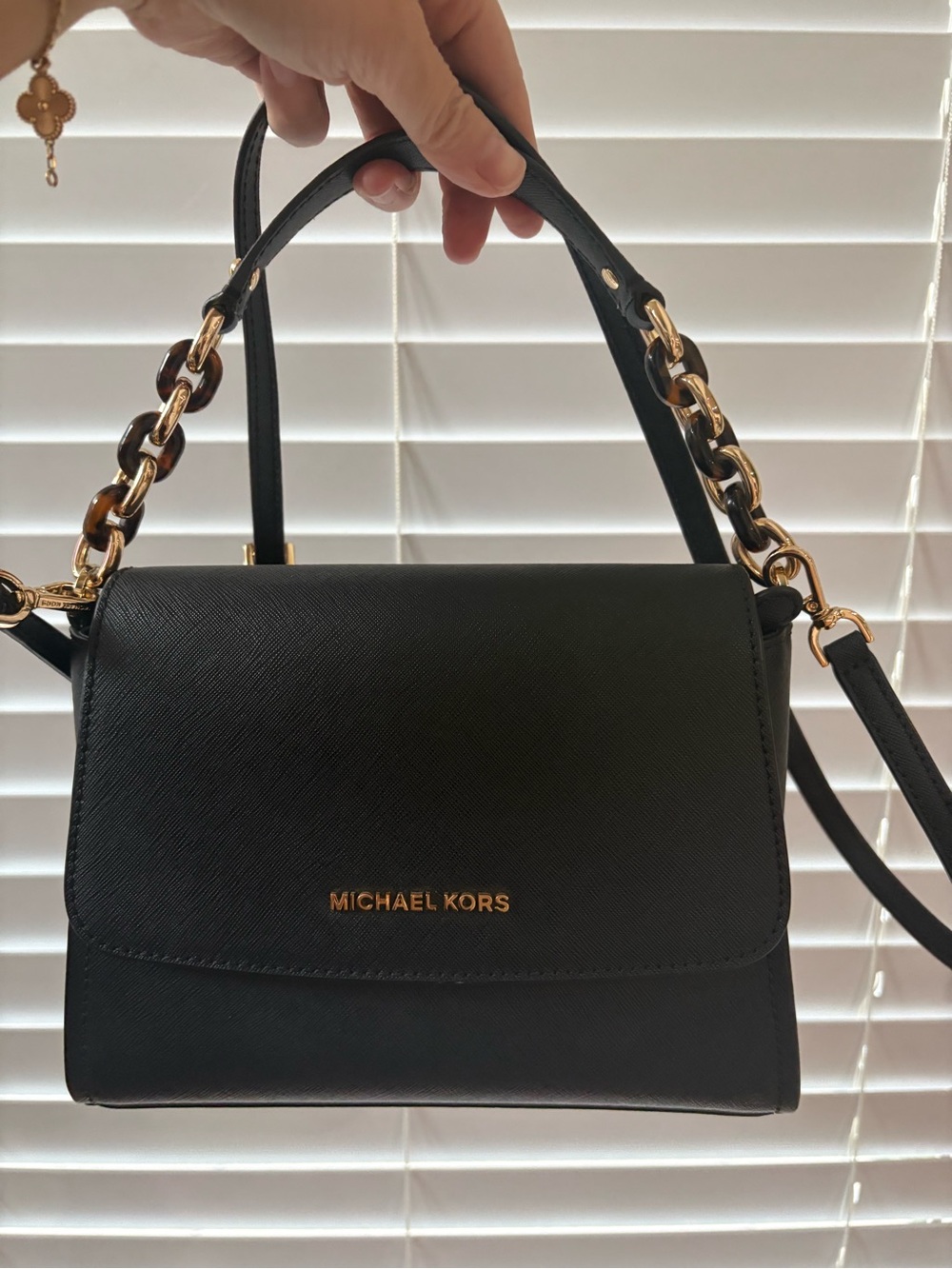 Michael Kors Black Saffiano Top-Handle Satchel with Gold Chain